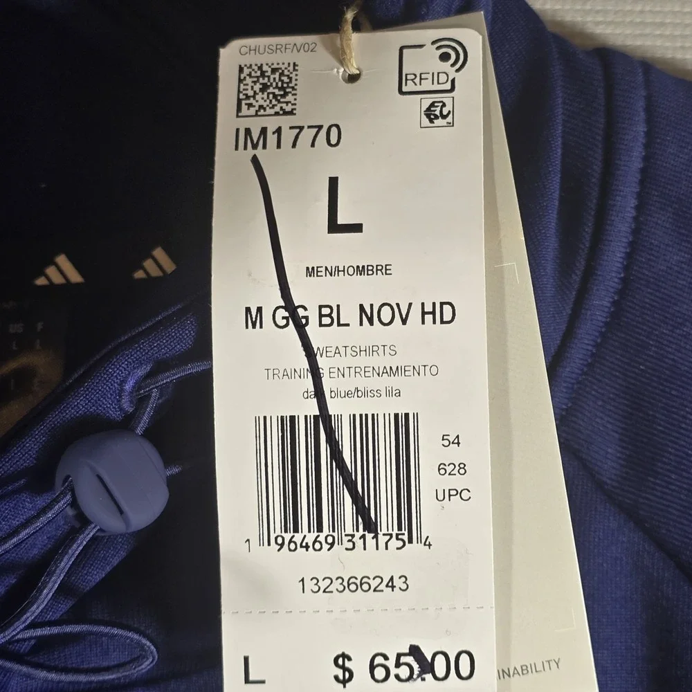 NEW Adidas Hoodie Mens Large Blue Pullover Game and Go Logo Aeroready Sweatshirt